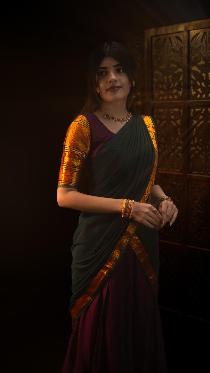 Purple + Green Half Saree (Narayanapet)