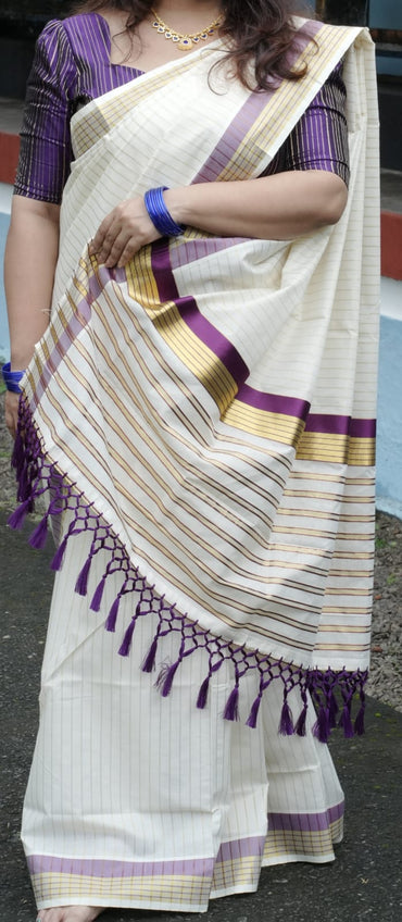 Set Saree Violet Golden Lines
