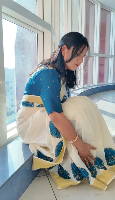 Theyyam Printed Saree - Blue