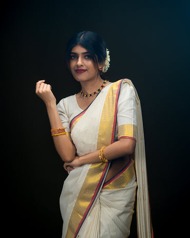 Red + Black Striped Golden Saree