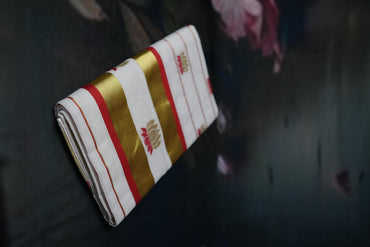 Red + Golden Lotus Striped Handloom Set Saree